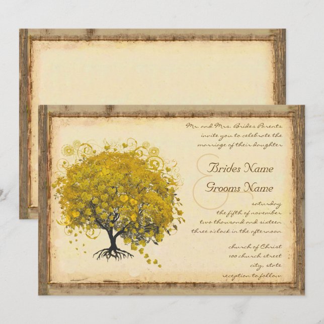 Whimsical Jaune Heart Tree Faire-part de mariage (Devant / Derrière)