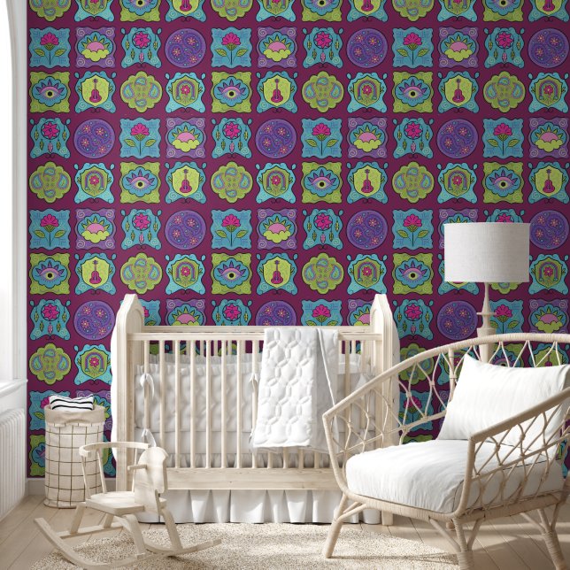 Whimsical Jewel Tones Hand drawn Boho Burgundy Wallpaper (Kids)