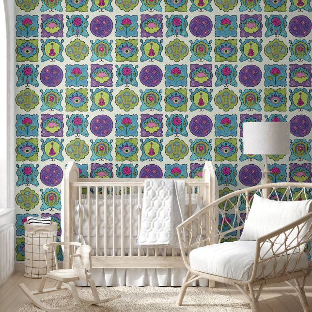 Whimsical Jewel Tones Hand drawn Boho Frame Cream Wallpaper (Kids)