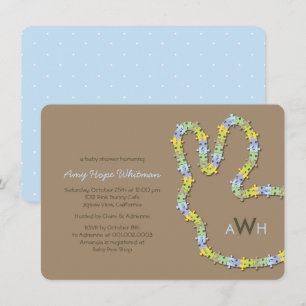 Whimsical Jigsaw Blue Bunny Rabbit Boy Baby Shower Invitation