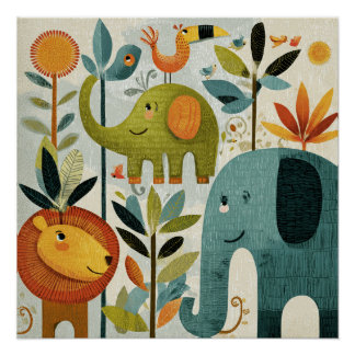 Whimsical Jungle Animals Nursery Wall Art