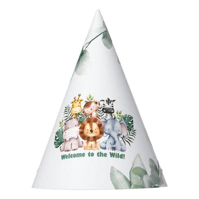 Whimsical Jungle Safari Animal Birthday Party Hat (Front)
