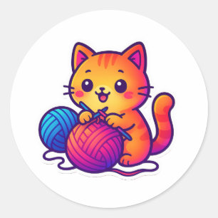 Whimsical Kawaii Cat Knitting Scene with Oversized Classic Round Sticker