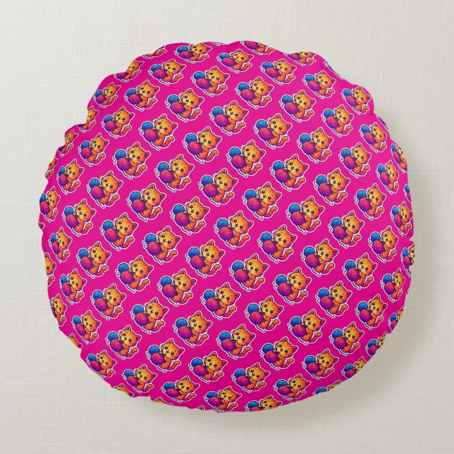 Whimsical Kawaii Cat Knitting Scene with Oversized Round Pillow (Front)