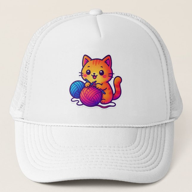 Whimsical Kawaii Cat Knitting Scene with Oversized Trucker Hat (Front)