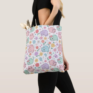 Whimsical Kawaii Pastel Cat and Floral Seamless  Tote Bag