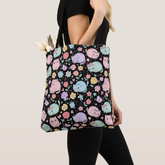Whimsical Kawaii Pastel Cat and Floral Seamless  Tote Bag