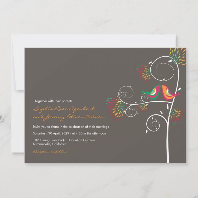 Whimsical Kissing Summer Love Birds Wedding RSVP Invitation (Front)
