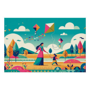 Whimsical Kite Adventure: Mother and Child's Colou Poster
