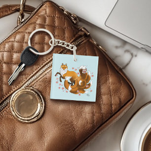 Whimsical Kitsune Fox Blue Cherry Blossoms Fantasy Keychain