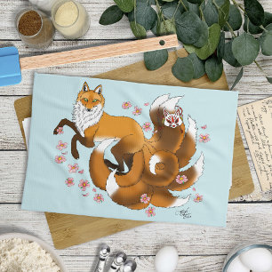 Whimsical Kitsune Fox Blue Cherry Blossoms Fantasy Kitchen Towel