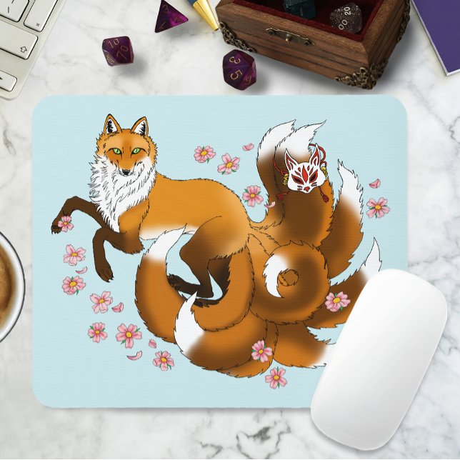 Whimsical Kitsune Fox Blue Cherry Blossoms Fantasy Mouse Pad (Creator Uploaded)