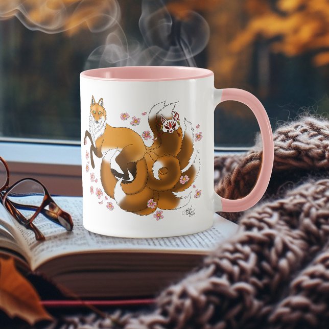 Whimsical Kitsune Fox Blue Cherry Blossoms Fantasy Mug (Creator Uploaded)