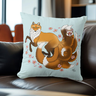 Whimsical Kitsune Fox Blue Cherry Blossoms Fantasy Throw Pillow