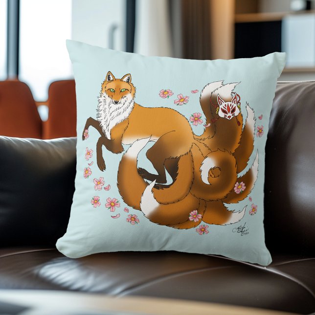 Whimsical Kitsune Fox Blue Cherry Blossoms Fantasy Throw Pillow (Creator Uploaded)