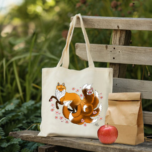 Whimsical Kitsune Fox Blue Cherry Blossoms Fantasy Tote Bag