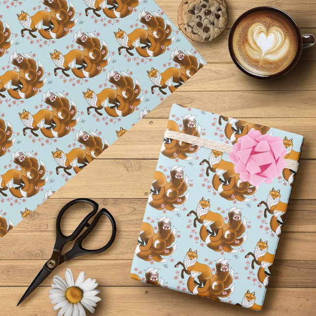 Whimsical Kitsune Fox Blue Cherry Blossoms Fantasy Wrapping Paper (Creator Uploaded)