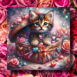 Whimsical Kitten Candy Hearts Glitter Valentine Holiday Card