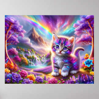 Whimsical Kitten in a Surreal Fantasy Landscape Poster