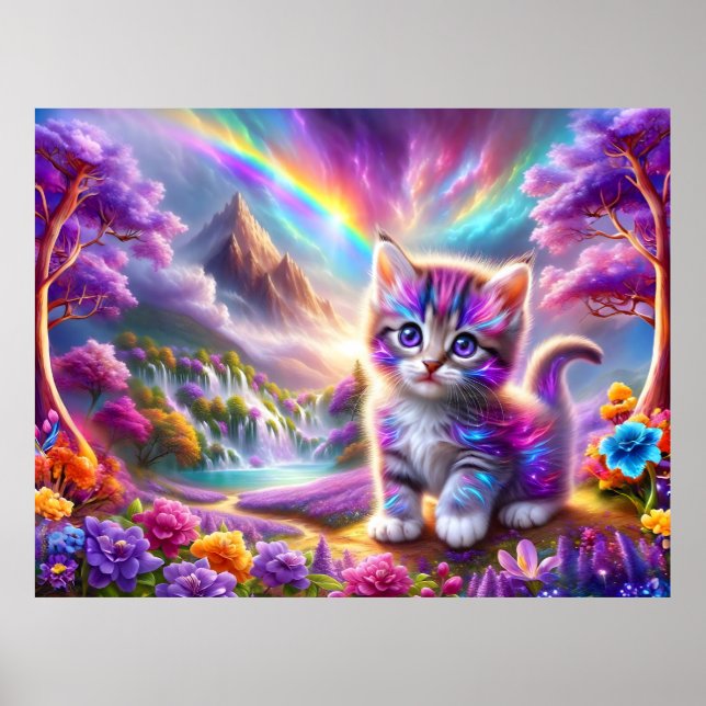 Whimsical Kitten in a Surreal Fantasy Landscape Poster (Front)