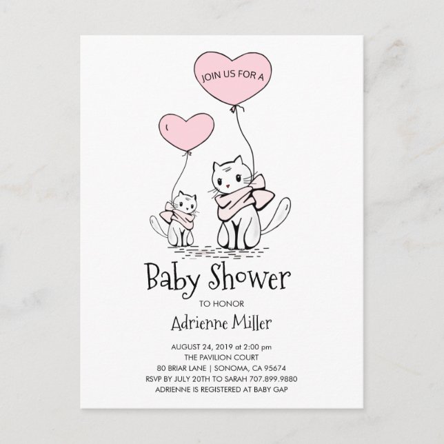 Whimsical Kittens and Balloons Girl Baby Shower Invitation Postcard (Front)
