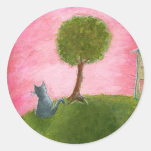 Whimsical Kitty Cat Folk Art Painting Pink Sky Classic Round Sticker