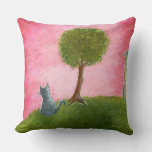 Whimsical Kitty Cat Folk Art Painting Pink Sky Throw Pillow