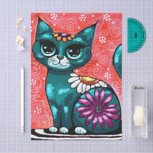 Whimsical Kitty Cat on Rug Floral Teal Decoupage Tissue Paper (Craft)