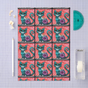 Whimsical Kitty Cat on Rug Floral Tiled Decoupage Tissue Paper