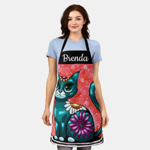 Whimsical Kitty Cat Sitting on Rug Floral Teal Apron