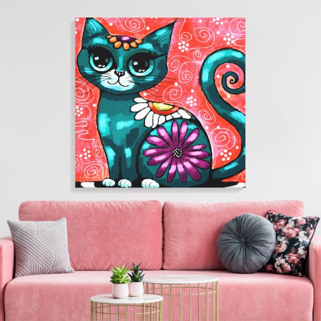 Whimsical Kitty Cat Sitting on Rug Floral Teal Canvas Print (Insitu(LivingRoom))