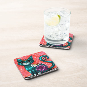 Whimsical Kitty Cat Sitting on Rug Floral Teal Coaster