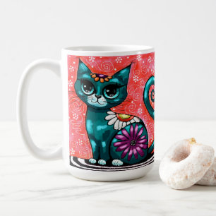Whimsical Kitty Cat Sitting on Rug Floral Teal Coffee Mug