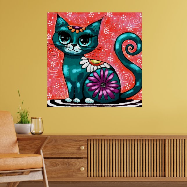 Whimsical Kitty Cat Sitting on Rug Floral Teal Poster (Living Room 2)