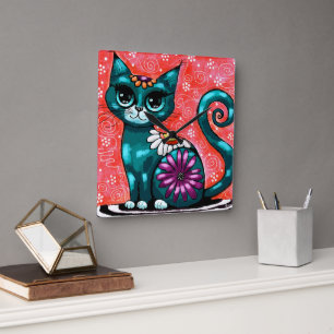 Whimsical Kitty Cat Sitting on Rug Floral Teal Square Wall Clock