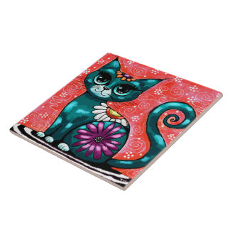 Whimsical Kitty Cat Sitting on Rug Floral Teal Tile