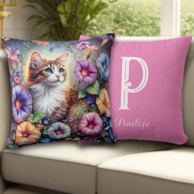 Whimsical Kitty Flower Garden Custom Monogram Throw Pillow (Creator Uploaded)