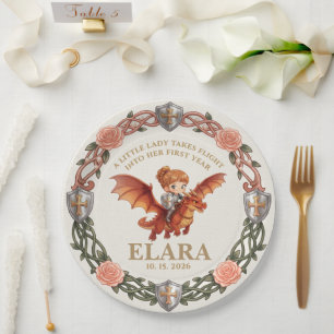 Whimsical Knight Girl and Dragon First Birthday Paper Plate