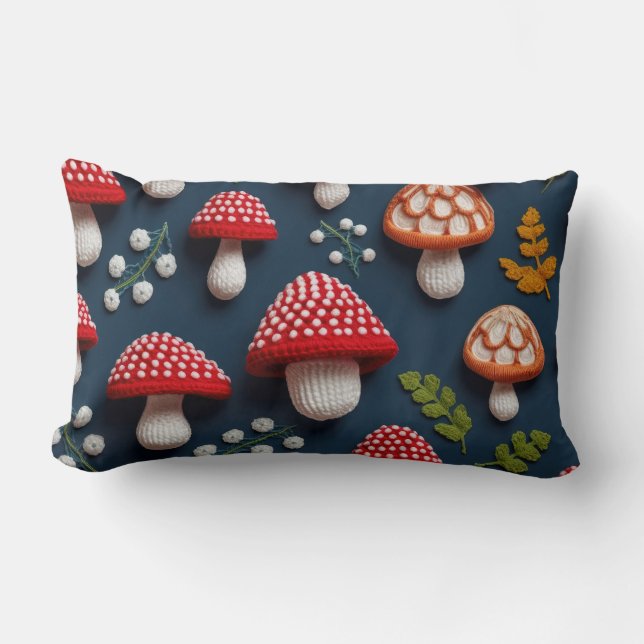 Whimsical Knitted Mushroom Lumbar Pillow (Front)