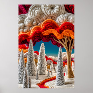 Whimsical Knitted Winter Forest Colourful Clouds  Poster