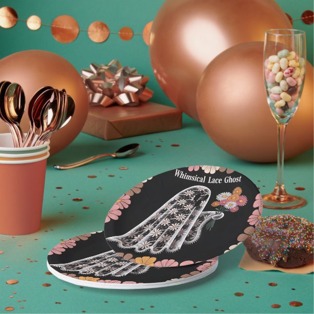 Whimsical Lace Ghost Illustration with Floral  Paper Plate (Multi)