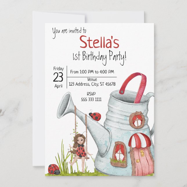 Whimsical LadyBug 1st Birthday Party Invitation (Front)
