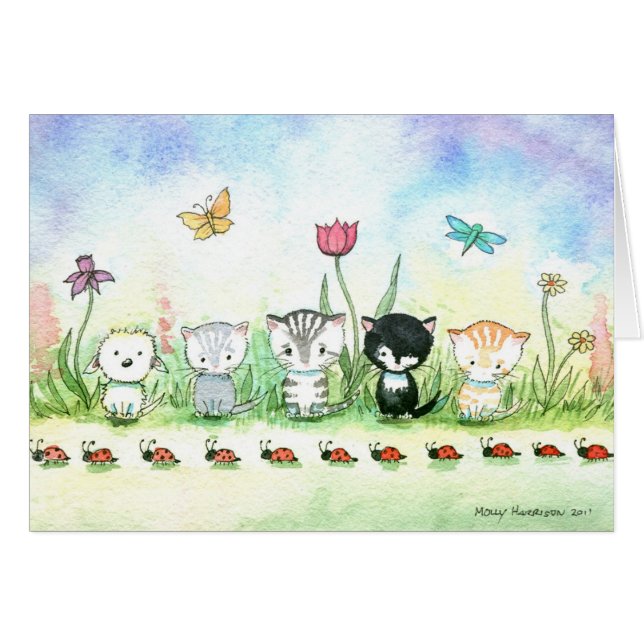 Whimsical Ladybug Kitty Cat Puppy Card (Front Horizontal)