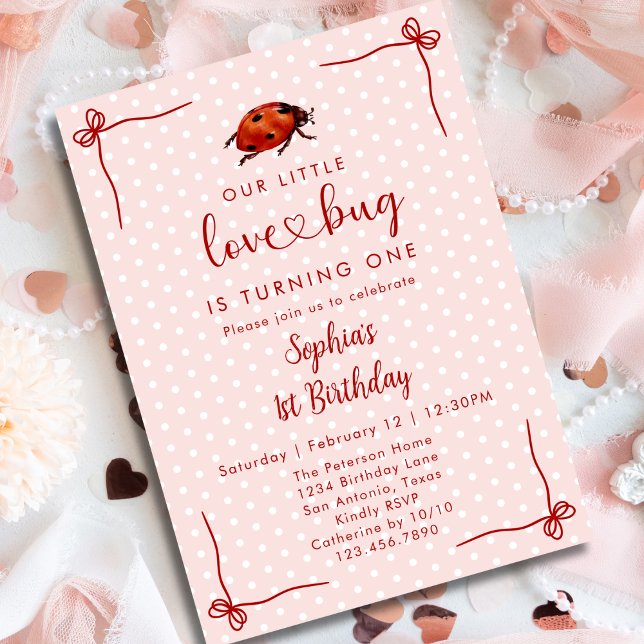 Whimsical Ladybug Love Bug Girl 1st Birthday Invitation (Creator Uploaded)