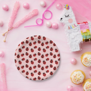 Whimsical Ladybug Pattern on Pink Paper Plate