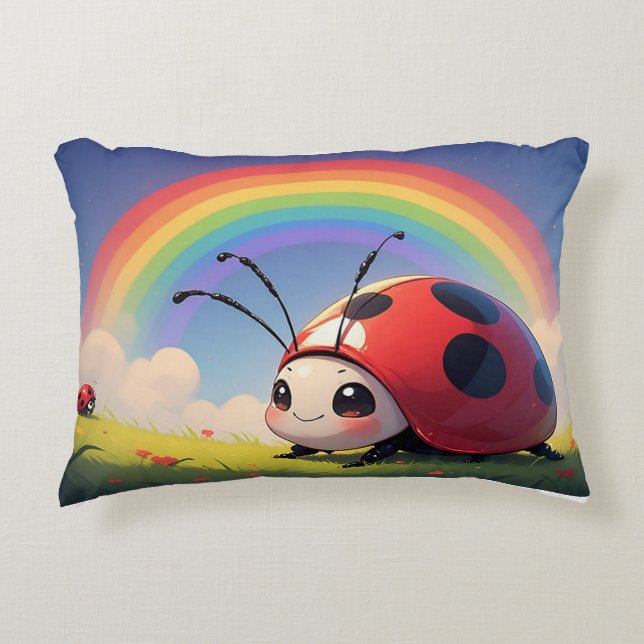 Whimsical Ladybug Rainbow Cute Bug Illustration Accent Pillow (Front)
