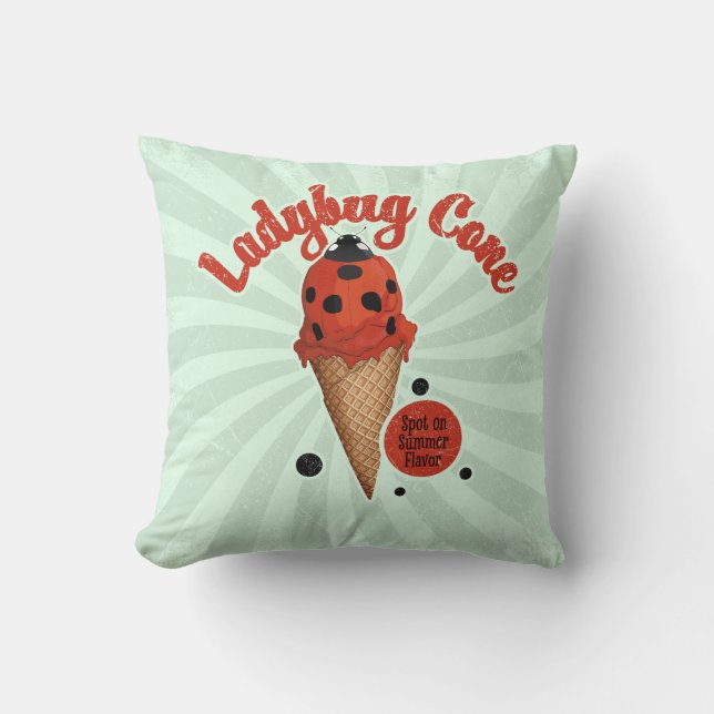 Whimsical Ladybug | Retro Ice Cream Art Throw Pillow (Front)