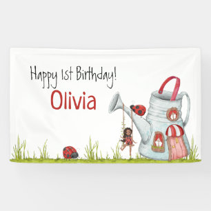 Whimsical LadyBug Swing Garden House 1st Birthday Banner