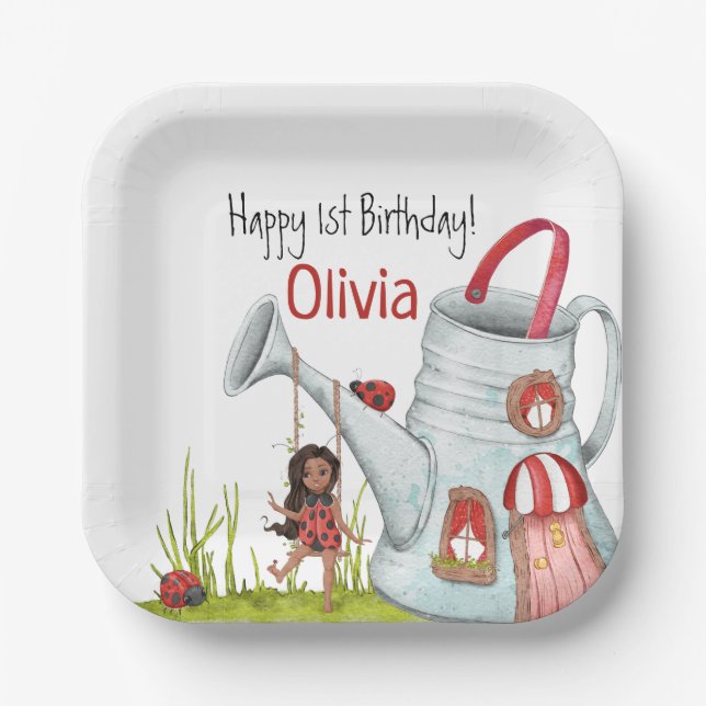 Whimsical LadyBug Swing Garden House 1st Birthday Paper Plate (Front)