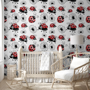 Whimsical Ladybugs And Flowers Large Wallpaper